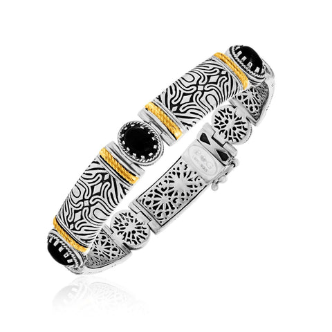 18K Yellow Gold & Sterling Silver Patterned Bangle with Black Onyx Stations