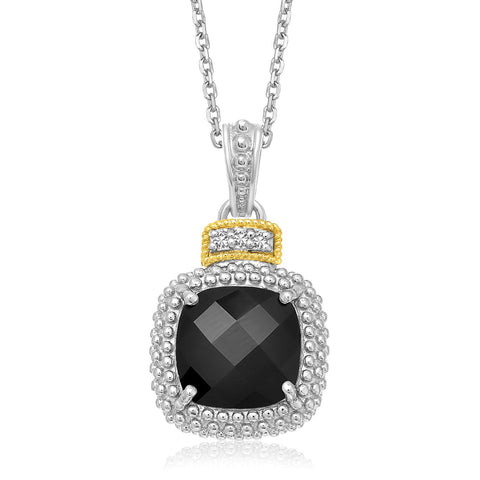 18K Yellow Gold & Sterling Silver Popcorn Cushion Black Onyx and Diamond Pendant