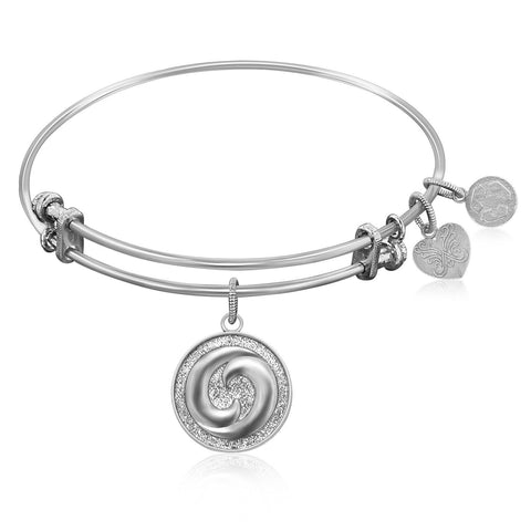 Expandable Bangle in White Tone Brass with Yin And Yang Perfect Balance Symbol