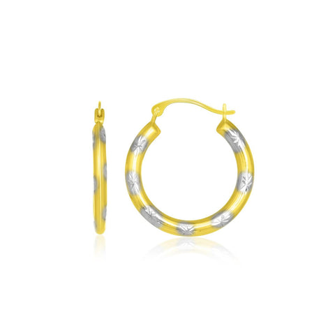 10K Two-Tone Gold Textured Diamond Cut Hoop Style Earrings