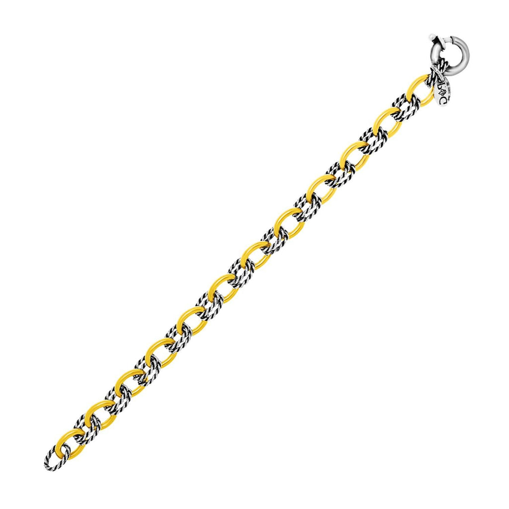 18K Yellow Gold & Sterling Silver Bracelet with Spiral Two Tone Alternate Links