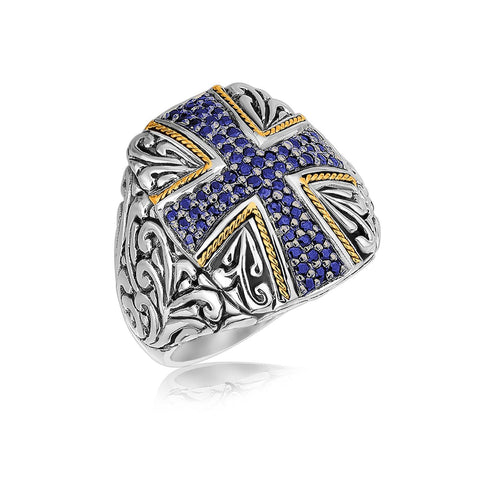 18K Yellow Gold and Sterling Silver Blue Sapphire Cross Embellished Ring