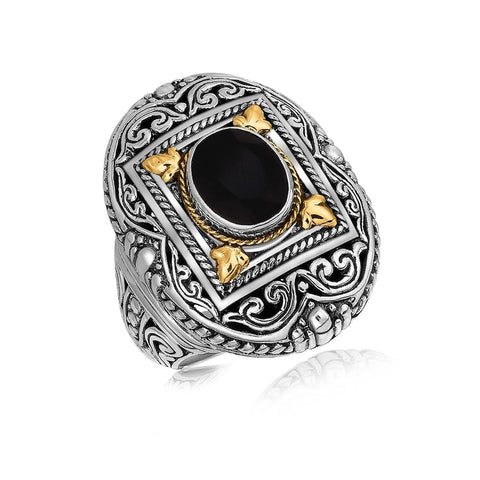 18K Yellow Gold and Sterling Silver Fancy Filigree Adorned Black Onyx Ring