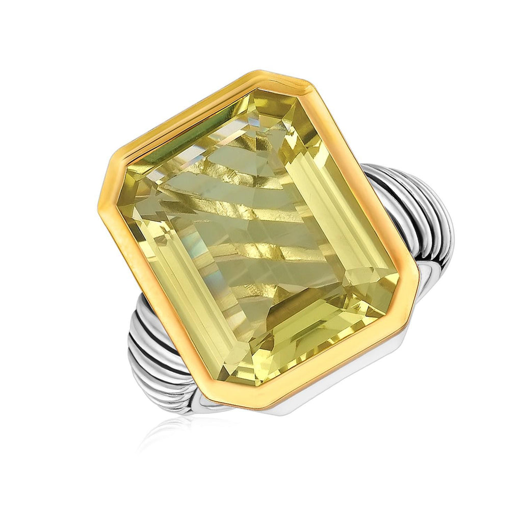 18K Yellow Gold and Sterling Silver Cable Shank Emerald Cut Lemon Quartz Ring