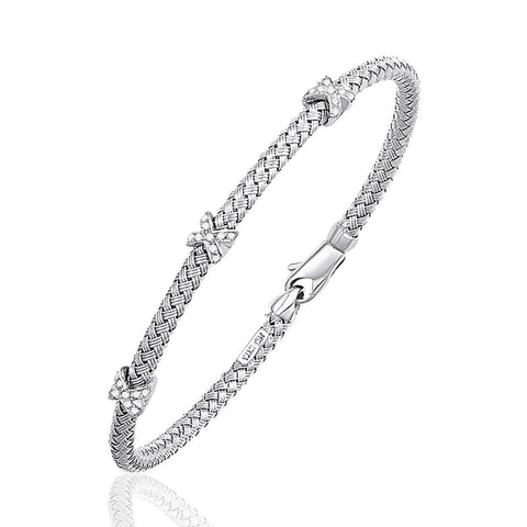 Basket Weave Bangle with Cross Diamond Accents in 14K White Gold (4.0mm)