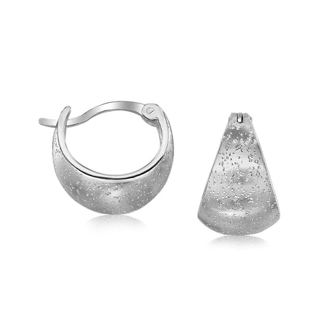 Sterling Silver Stardust Textured Domed Half Hoop Earrings with Rhodium Plating