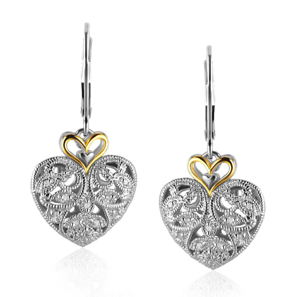 14K Yellow Gold and Sterling Silver Intricate Filigree Heart Drop Earrings