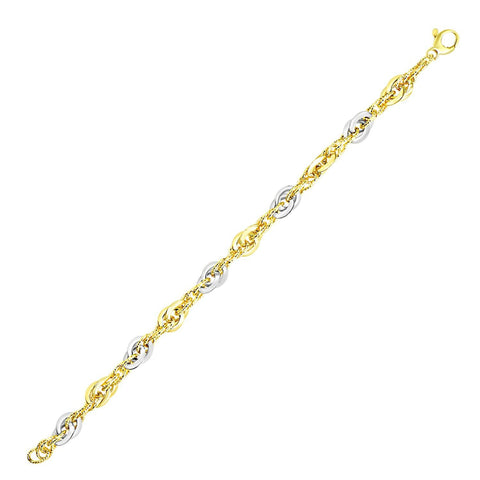 14K Two-Tone Gold Interlaced Smooth and Textured Link Bracelet