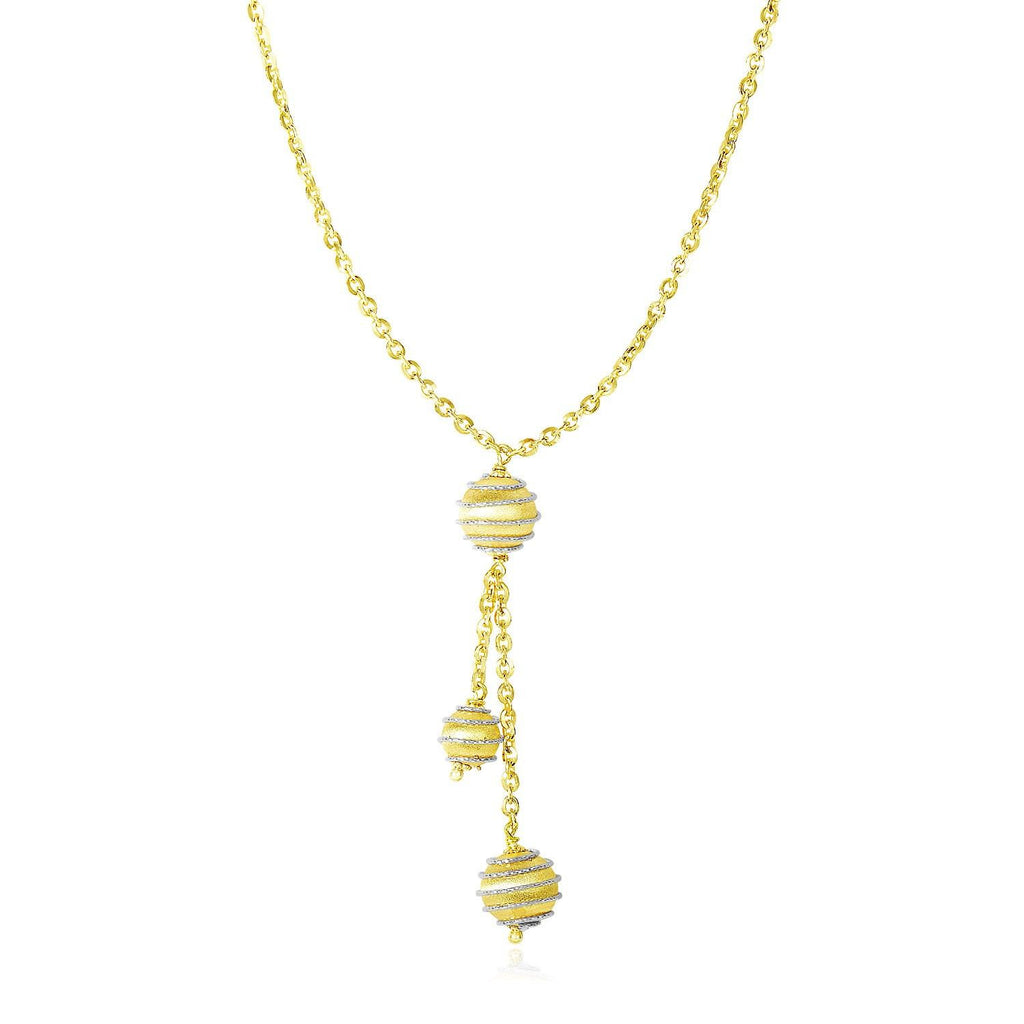 14K Two-Tone Gold Lariat Style Necklace with Coil Wrapped Balls