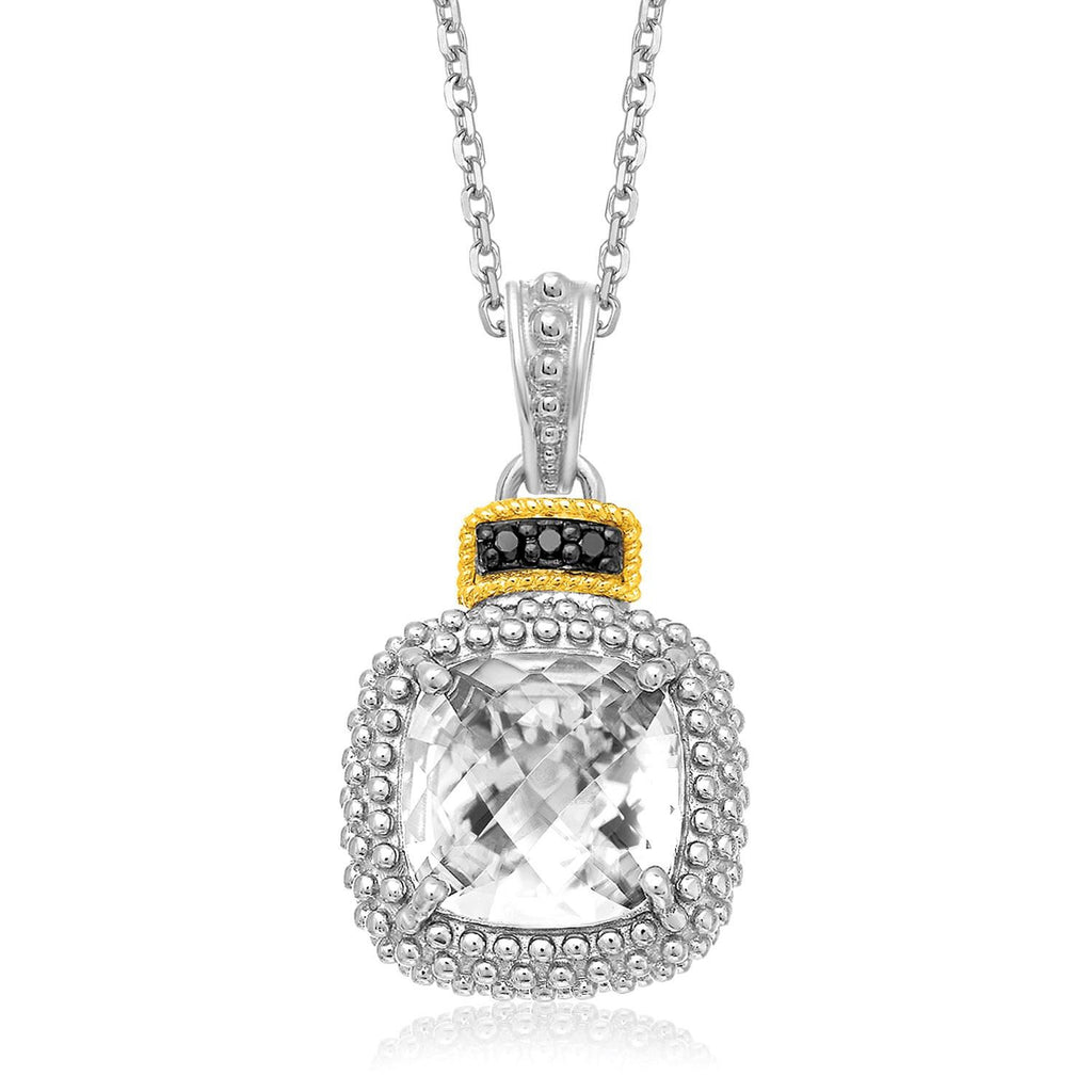 18K Yellow Gold & Sterling Silver Cushion Rock Crystal and Diamond Pendant