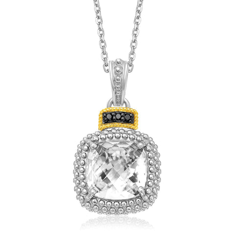 18K Yellow Gold & Sterling Silver Cushion Rock Crystal and Diamond Pendant