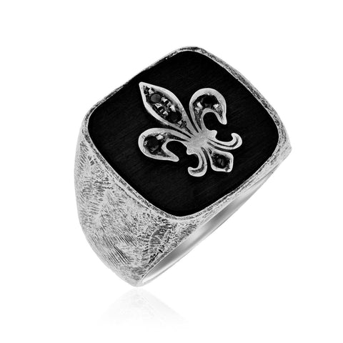 Sterling Silver Black Spinel Fleur De Lis Style Men's Ring