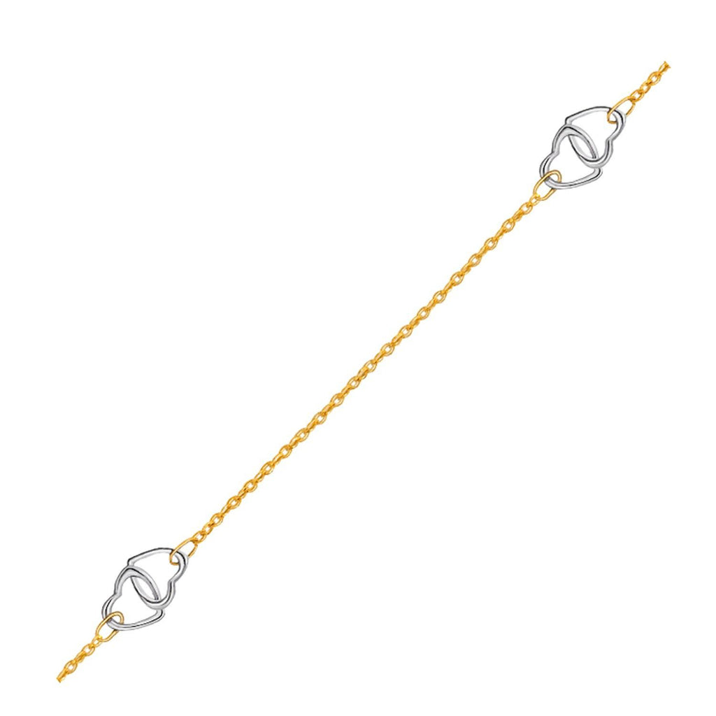 14K Two Tone Gold Entwined Heart Stationed Anklet