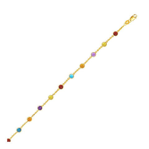 14K Yellow Gold Cable Anklet with Round Multi Tone Stations