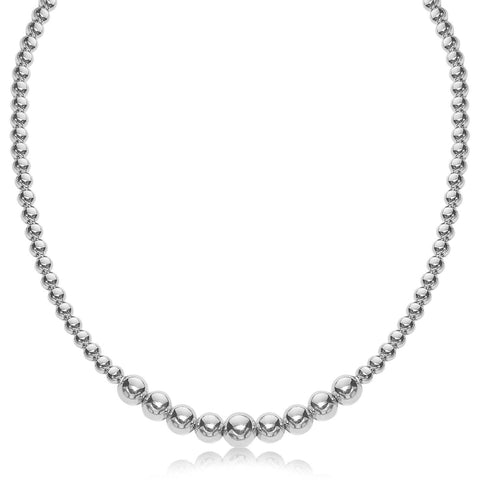 Sterling Silver Rhodium Plated Graduated Motif Polished Bead Necklace