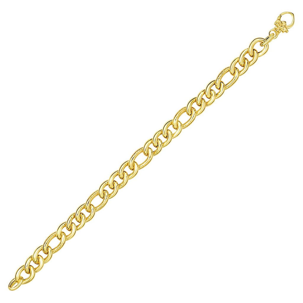 14K Yellow Gold Figaro Design with Textured Link Bracelet