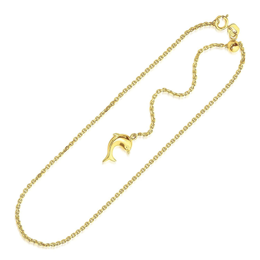 14K Yellow Gold Dolphin Accent Cable Link Adjustable Anklet