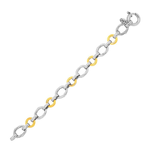 18K Yellow Gold & Sterling Silver Round and Oval Chain Textured Bracelet